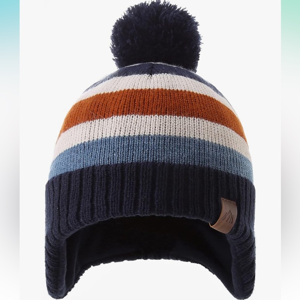 NWT Kids Unisex Knitted Winter Earflap Knitted Cap, Warm Fleece Lined w/PomPom